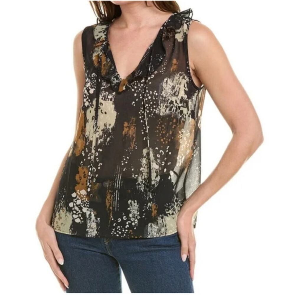 CAbi Brown Gray Cream Animal‎ Print Sheer Sleeveless Light Ruffled Blouse Bold M